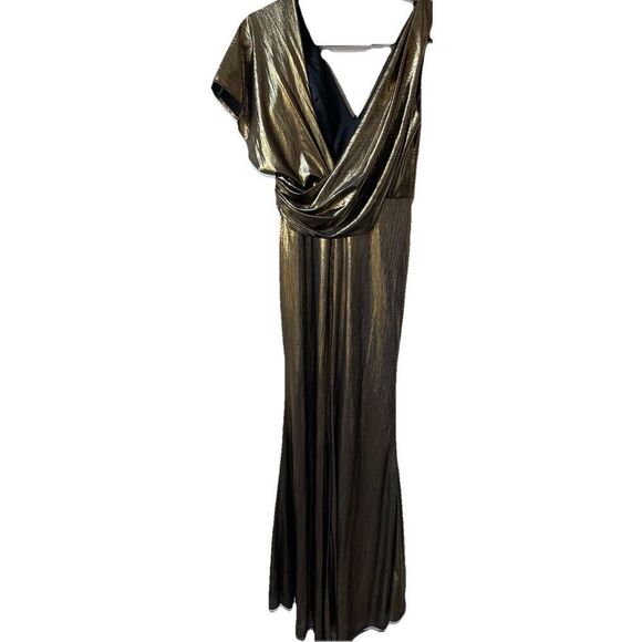 $498 New Ieena for Mac Duggal  Gold Asymmetrical Draped Metallic Trumpet Gown 4 - Picture 6 of 6